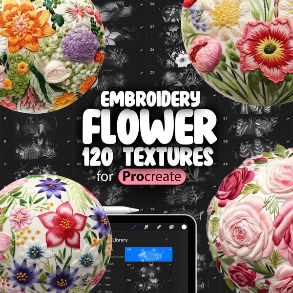 120 textures de tissu de broderie de fleurs Procreate | Broderie de fleurs textile motif procréer brosses sans couture | Procréez des textures florales