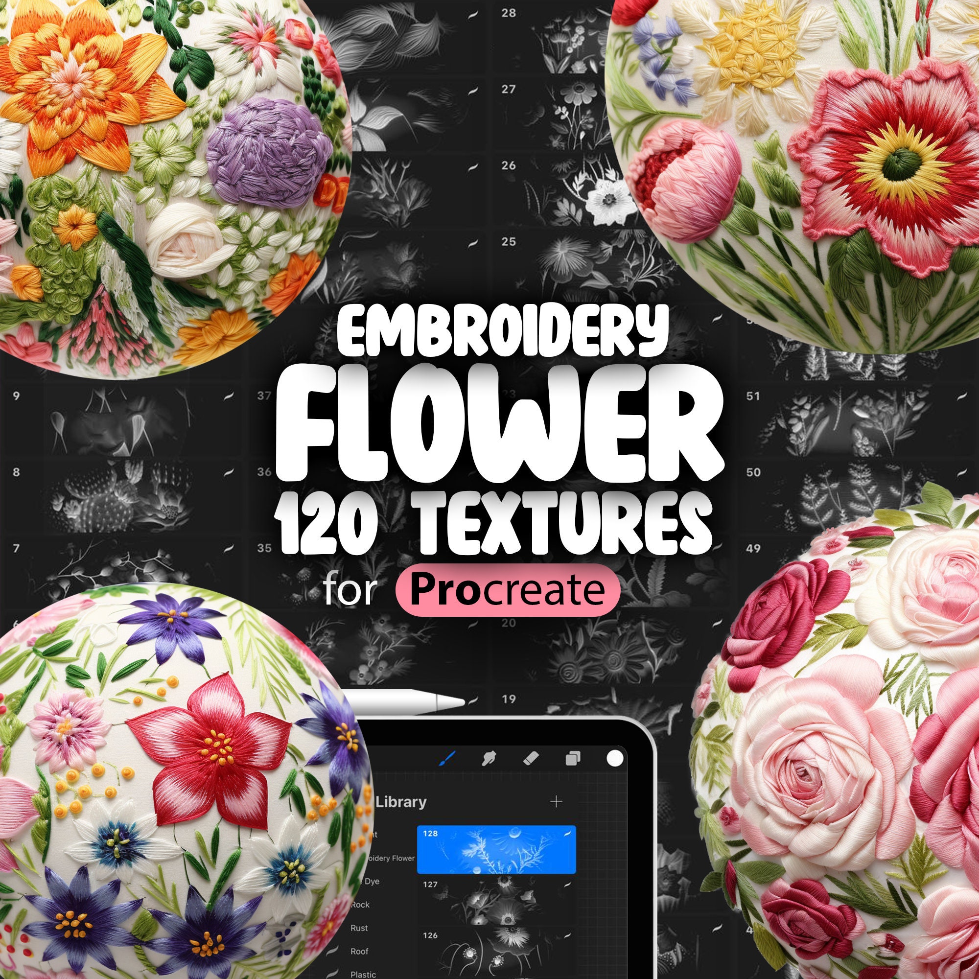 120 Procreate Flower Embroidery Fabric Textures | Flower Embroidery Textile Procreate Pattern Seamless Brushes | Procreate Floral Textures