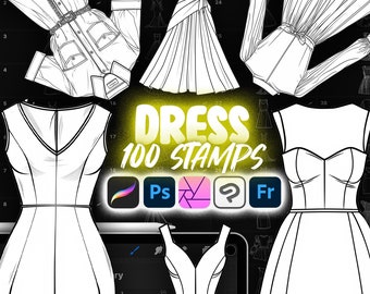 May include: A collection of 100 dress outline stamps for use in Adobe Photoshop, Illustrator, Procreate, and Clip Studio Paint. The stamps are in black and white and feature a variety of dress styles.