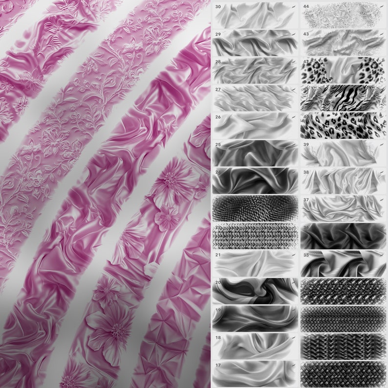 May include: A collection of 20 different digital textures, including floral, animal print, and geometric patterns. The textures are arranged in rows and numbered from 17 to 44.