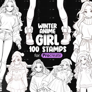 100 Procreate Christmas Anime Girls Stamp Brushes | Procreate Manga Winter Girls Stamp Brush | Procreate Woman Stamp Brush