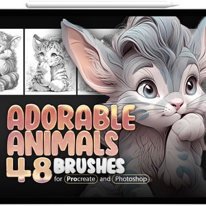 48 Cute Animals Procreate Brushes, 48 Cute Animals Photoshop Brushes, Fantasy Animals, Adorable Animals Stamp Brushes for Procreate