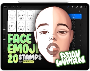Puede incluir: Una ilustración digital de la cara de una mujer con diferentes expresiones. La ilustración es de estilo de dibujos animados y está etiquetada como "Face Emoji 20 Stamps for Procreate" y "Asian Woman".