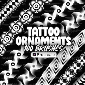 Op de afbeelding: Zwart-witte tattoo-versieringspenseels voor Procreate. De penseels bevatten geometrische patronen, bloemen en swirls. Er zijn in totaal 100 penseels.