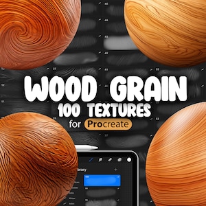 Puede incluir: Una ilustración digital de 100 texturas de veta de madera para Procreate. La imagen muestra una variedad de patrones de veta de madera, incluyendo remolinos, nudos y líneas rectas. Las texturas son perfectas para agregar un aspecto de madera realista a tu arte digital.