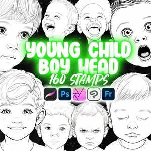 Könnte beinhalten: Ein Set mit 160 Schwarzweiß-Linienkunst-Stempeln mit verschiedenen Gesichtsausdrücken von jungen Jungenköpfen. Die Stempel sind für die Verwendung in Adobe Photoshop, Illustrator, Procreate und Clip Studio Paint konzipiert.