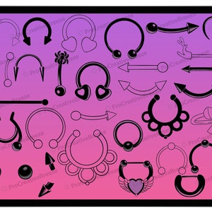 May include: A collection of 30 black and white illustrations of different types of body jewelry, including rings, barbells, and curved bars. The jewelry is designed for piercings in various parts of the body.