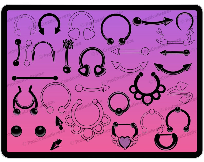 May include: A collection of 30 black and white illustrations of different types of body jewelry, including rings, barbells, and curved bars. The jewelry is designed for piercings in various parts of the body.