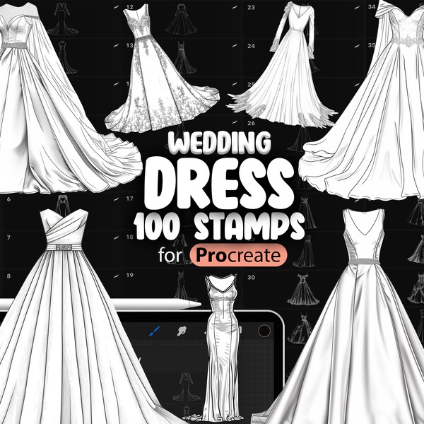 100 pinceaux pour robe de mariée Procreate | Pinceaux pour tampon Procreate Bride | Pinceaux pour tampons Procreate Gown | Procréer des tampons de procréation du soir