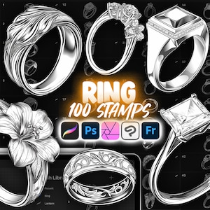 Puede incluir: Una colección de 100 sellos de anillos en blanco y negro para Adobe Photoshop, Illustrator, Affinity Designer y Procreate. Los sellos presentan una variedad de diseños de anillos, incluyendo bandas simples, anillos ornamentados y anillos con piedras preciosas.