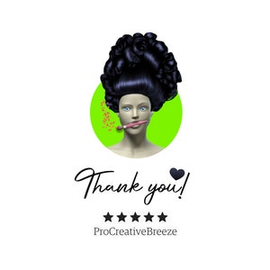 Puede incluir: Ilustraci&oacute;n digital de una mujer con cabello oscuro y voluminoso y piel p&aacute;lida, sobre un c&iacute;rculo verde brillante. Sostiene un pincel rosa en la boca. Las palabras "Thank you!" est&aacute;n escritas en una elegante escritura, con estrellas y un coraz&oacute;n debajo.
