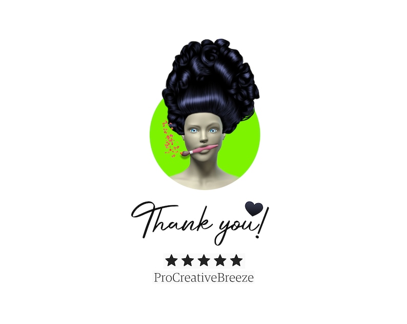 Puede incluir: Ilustraci&oacute;n digital de una mujer con cabello oscuro y voluminoso y piel p&aacute;lida, sobre un c&iacute;rculo verde brillante. Sostiene un pincel rosa en la boca. Las palabras "Thank you!" est&aacute;n escritas en una elegante escritura, con estrellas y un coraz&oacute;n debajo.