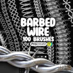 May include: A digital illustration of 100 barbed wire brushes for Procreate. The image shows a variety of barbed wire designs, including straight lines, curves, and spirals. The text "Barbed Wire 100 Brushes for Procreate" is displayed in white letters on a black background.