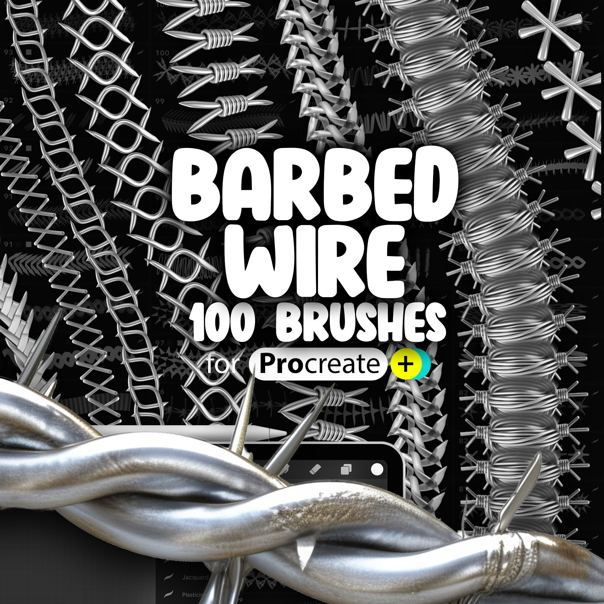 100 pincéis Procreate 3D de arame farpado e conjunto de espinhos | Pincéis Procreate de alto detalhe