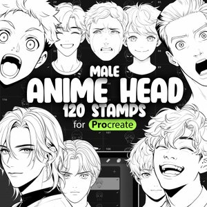 May include: A set of 120 black and white male anime head stamps for Procreate. The stamps feature different facial expressions and hairstyles.