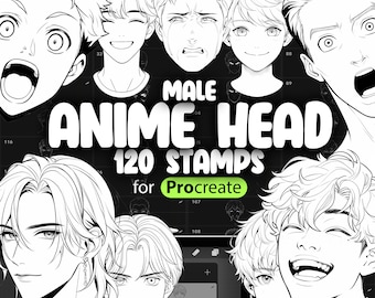 120 Procreate Anime Male Head Stamps | Procreate Anime Men Head Stamp Brushes | Procreate Anime Boys Head Stamp Brushes