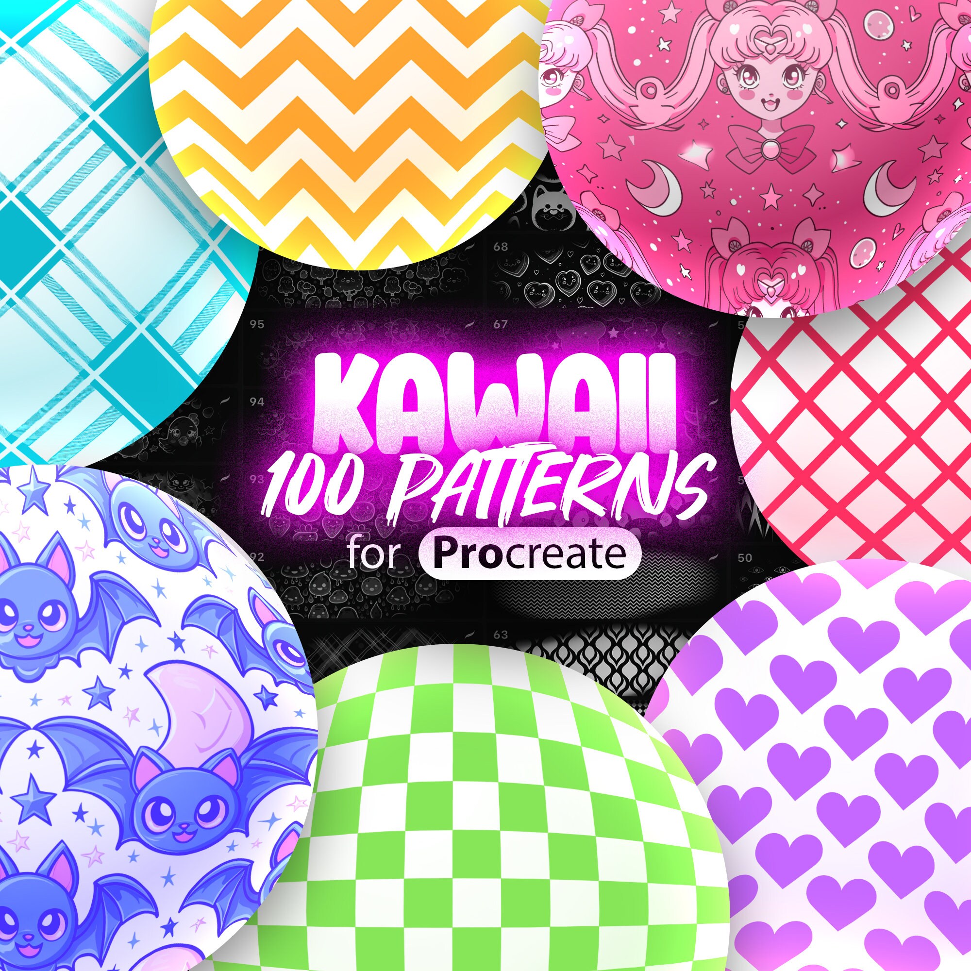 100 pinceles de patrones kawaii para Procreate – Fondos geométricos lindos y sin uniones, color y tamaño fáciles, set .brush de alta calidad