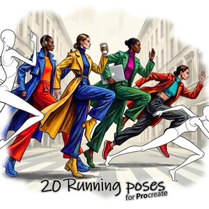 May include: Illustration of women in motion, wearing vibrant outfits, running across a crosswalk. The image features a variety of colors, including blue, yellow, red, and green. Text at the bottom reads "20 Running poses for Procreate."