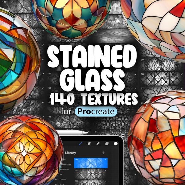 140 Procreate Stained Glass Textures | Geometric Stained Glass Procreate Texture Seamless Brushes | Floral Stained Glass Procreate Texture