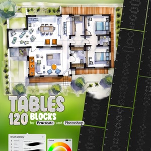 120 Tables Blocks Procreate Stamp Brushes, Furniture Blocks for Homes Procreate Brushes,Architectural Brushes, Interior Stamps for Procreate