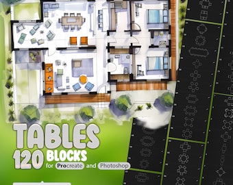 120 Tables Blocks Procreate Stamp Brushes, Furniture Blocks for Homes Procreate Brushes,Architectural Brushes, Interior Stamps for Procreate