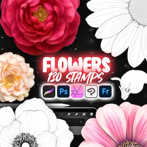 May include: A digital illustration of 130 flower stamps for use in Procreate, Photoshop, Affinity Designer, Clip Studio Paint, and Adobe Fresco. The image shows a variety of flowers in different colors and styles.