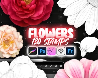 May include: A digital illustration of 130 flower stamps for use in Procreate, Photoshop, Affinity Designer, Clip Studio Paint, and Adobe Fresco. The image shows a variety of flowers in different colors and styles.
