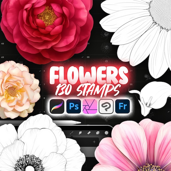 130 Procreate Flowers Stamp Brushes | Photoshop Wildflowers | Clip Studio Paint Floral Brush | Procreate Flowers Reference | Procreate Rose