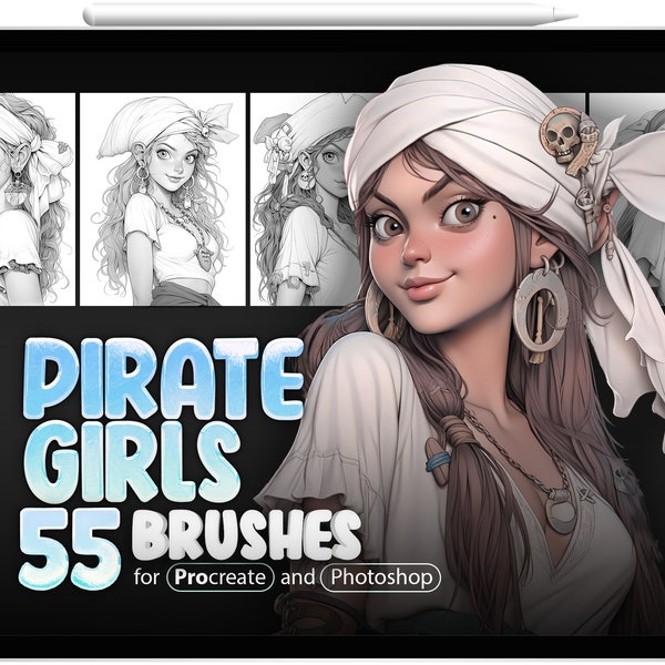55 Beautiful Pirate Girls Procreate Brushes, 55 Pirate Girls Photoshop Brushes, Cute Pirate Girl Stamp Brushes for Procreate, Pirate Woman