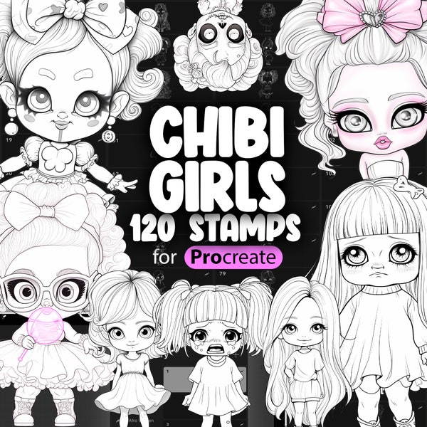 120 Pinceles de sellos Procreate Cute Chibi Girls / Procreate Chibi Characters Stamps / Procreate Chibi Female Brush / Procreate Chibi Doll Stamp