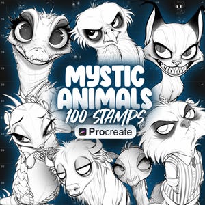 May include: A digital art graphic featuring several stylized, cartoon-like mystic animals. The image includes the text "MYSTIC ANIMALS 100 STAMPS" and the Procreate logo. The animals are drawn in black and white.