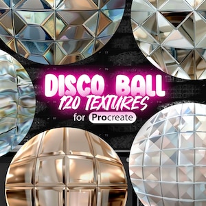 May include: A set of 120 disco ball textures for Procreate. The textures are in various colors and patterns, including silver, gold, and iridescent.