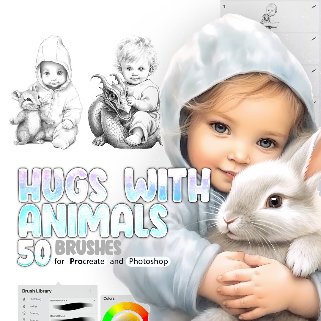 50 Babies Hug Animals Animals Procreate Brushes, 50 Kids Hug Animals ...