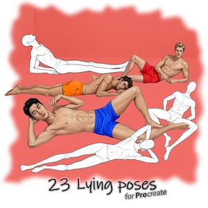 Può includere: Illustrazione di figure maschili in varie pose sdraiate, alcune a colori e altre come disegni al tratto. L'immagine presenta uomini con pantaloncini rossi, arancioni e blu. Il testo in basso recita "23 Lying poses for Procreate" su sfondo rosso.