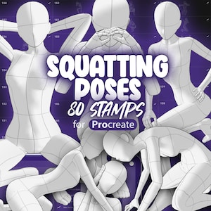 May include: A set of 80 digital stamps for Procreate featuring squatting poses. The poses are drawn in a simple, stick figure style and are perfect for use in digital art and illustration.