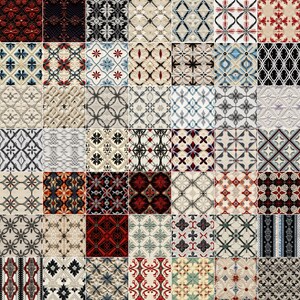 May include: A collection of 49 different tile patterns with geometric designs in various colors, including red, blue, black, white, and cream.