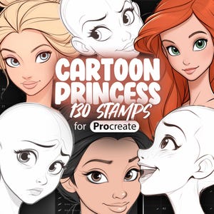 130 znaczków Procreate Cartoon Princesses | Znaczki Procreate Cartoon Princess Head Base | Znaczki Procreate Cartoon Princess Face