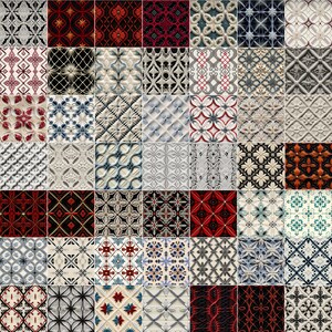 May include: A collection of 36 small square patterned fabric samples. The patterns are mostly geometric and feature a variety of colors, including red, blue, white, black, and green.