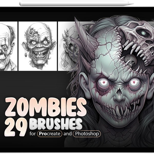 29 Zombies Procreate Brushes, 29 Zombies Photoshop Brushes, Zombie Man Face Stamp Brush, Zombie Woman Stamp Brushes for Procreate