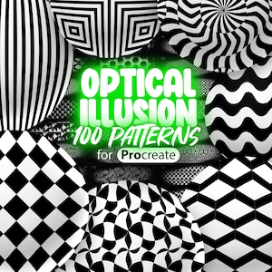 May include: A collection of 100 black and white optical illusion patterns for Procreate. The patterns are arranged in a grid and feature a variety of geometric shapes and designs.