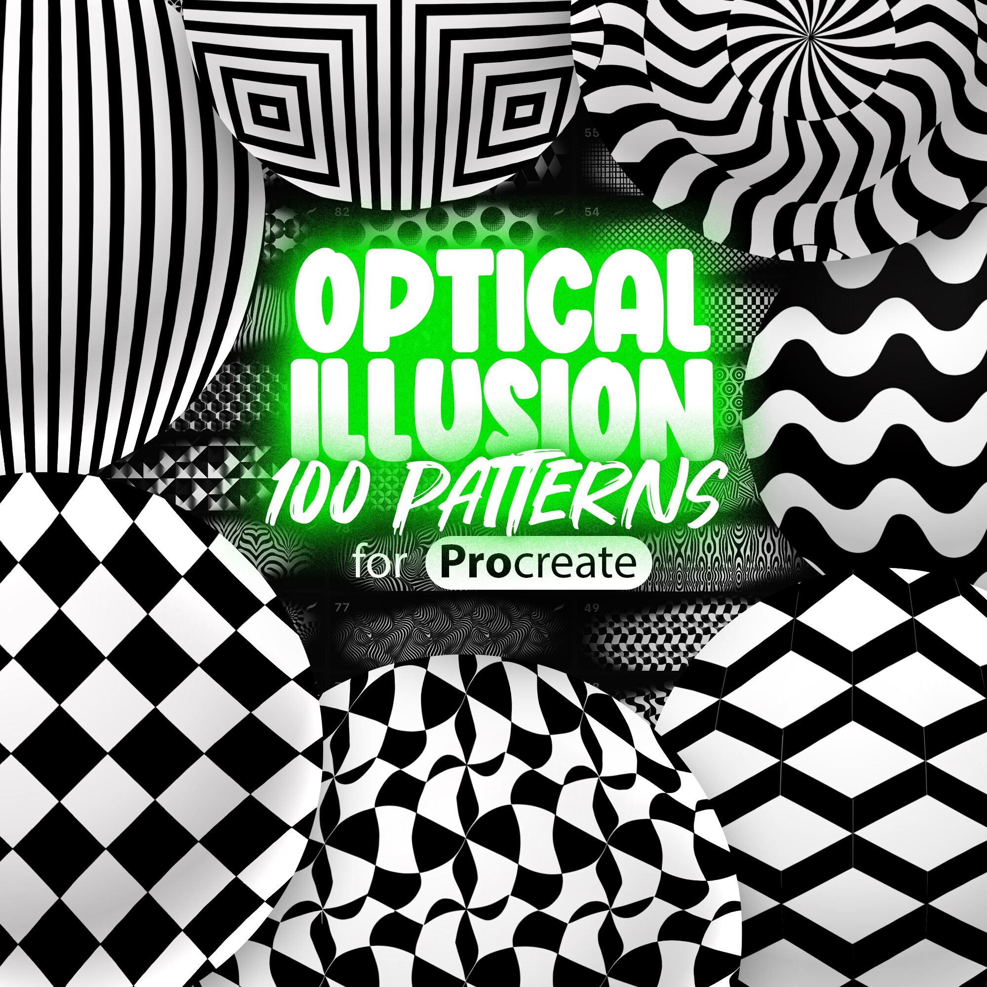 100 pinceles de Procreate de ilusiones ópticas | Set de patrones geométricos, espirales e hipnosis