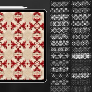 May include: A digital tablet displaying a red and white geometric pattern. The tablet is surrounded by a black background and a white stylus is resting on top of the tablet.