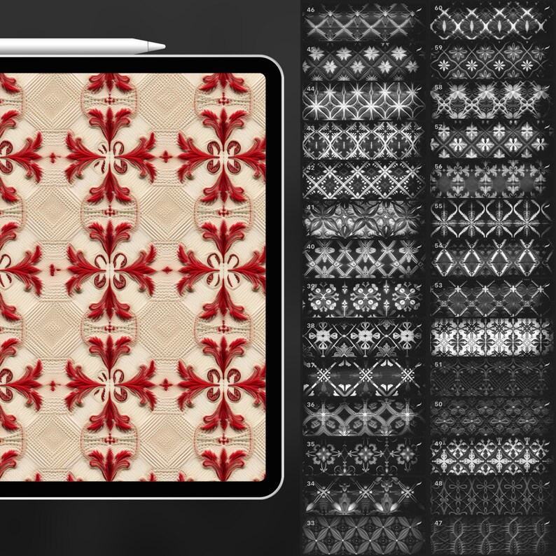 May include: A digital tablet displaying a red and white geometric pattern. The tablet is surrounded by a black background and a white stylus is resting on top of the tablet.