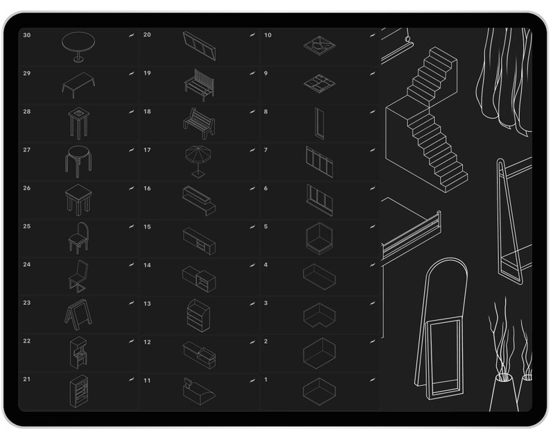 Puede incluir: Ilustraci&oacute;n digital en una pantalla de tableta que muestra varios dise&ntilde;os de muebles en un estilo minimalista de l&iacute;nea. La colecci&oacute;n incluye mesas, sillas, bancos y otros elementos de interior, todos renderizados en blanco sobre un fondo oscuro.