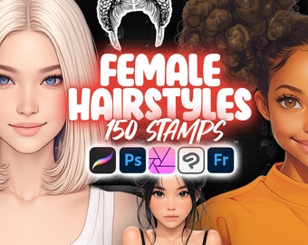 Può includere: Un'illustrazione digitale di tre donne con diversi stili di capelli. L'immagine è un collage di diversi stili di capelli, con il testo "FEMALE HAIRSTYLES 150 STAMPS" in lettere rosse. L'immagine include anche icone per Adobe Photoshop, Illustrator e Clip Studio Paint.