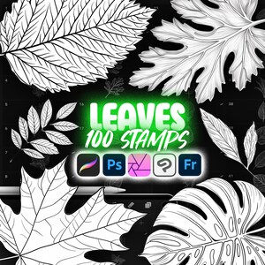 May include: A digital illustration of 100 black and white leaf stamps. The image includes the text "Leaves 100 Stamps" and icons for Adobe Photoshop, Procreate, Affinity Designer, and Clip Studio Paint.
