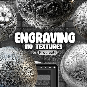 Könnte beinhalten: Ein Bild, das verschiedene metallische Kugeln mit aufwendigen Gravurmuster zeigt. Der Text "ENGRAVING 110 TEXTURES for Procreate" ist deutlich sichtbar. Ein digitales Tablet mit Stift ist ebenfalls zu sehen, was auf digitale Kunstwerkzeuge hindeutet.