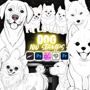 Pode incluir: Um conjunto de 100 carimbos de cães em preto e branco para usar em programas de arte digital como Procreate, Photoshop e Affinity Designer. Os carimbos apresentam várias raças de cães, incluindo um Labrador Retriever, um Pomeranian, um Husky, um Chihuahua e um Pitbull.