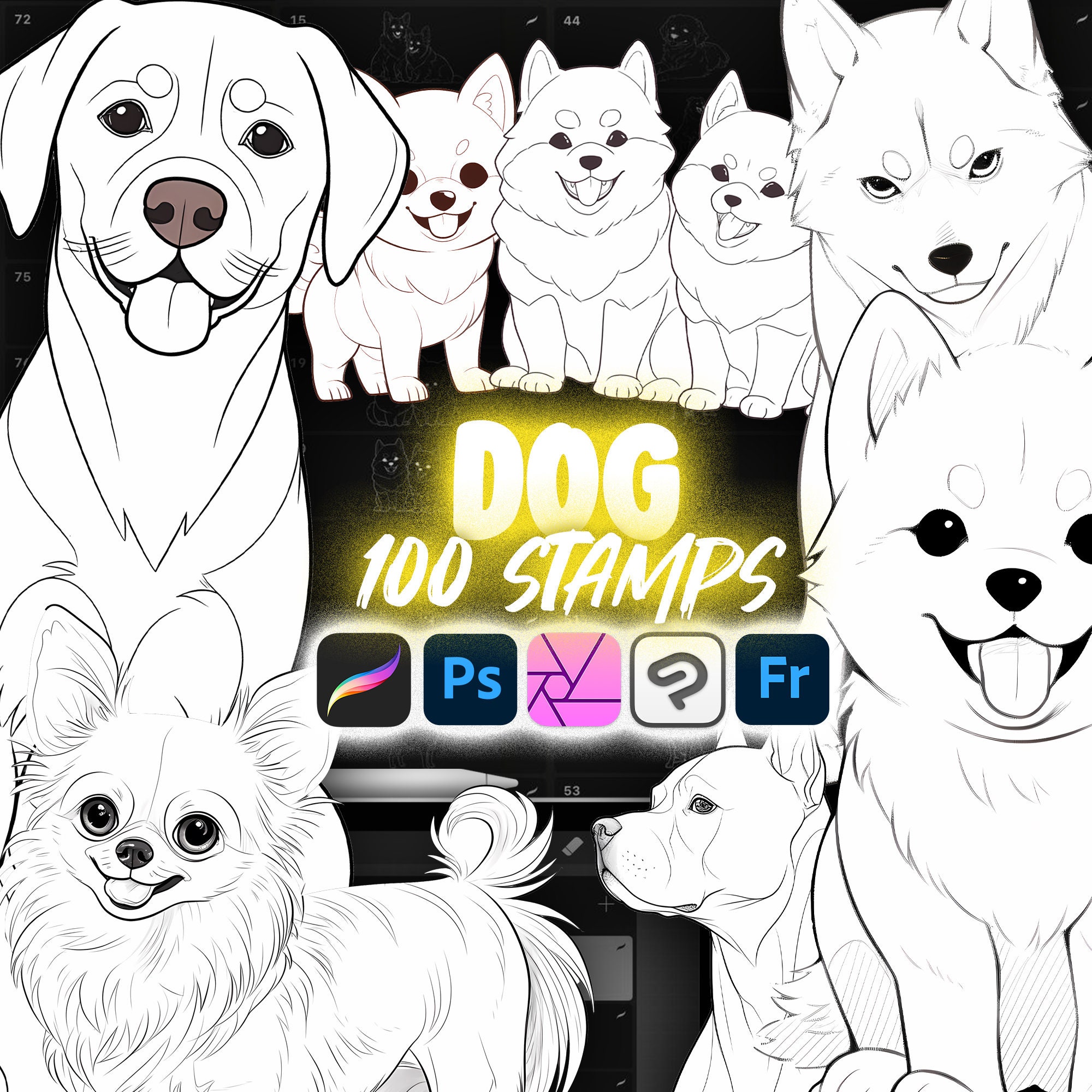 100 Procreate Dog Stamps | Procreate Animal Stamp Brushes | Procreate ...