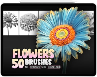50 flores Procreate Brushes, 50 flores Photoshop Brushes, Procreate Flowers Coloring Pages, Procreate Floral Stamp Brushes